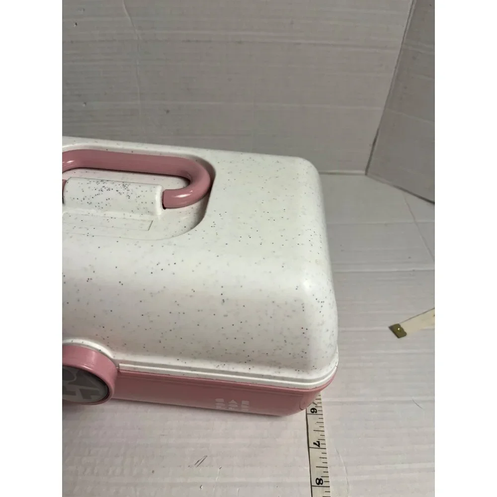 Vintage Caboodles Large Pink & White Speckled Makeup With Fold-Out Tray & Mirror